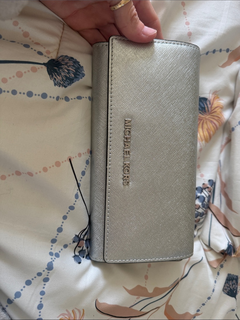 Michael Kors Metallic Silver Saffiano Card Holder Wallet